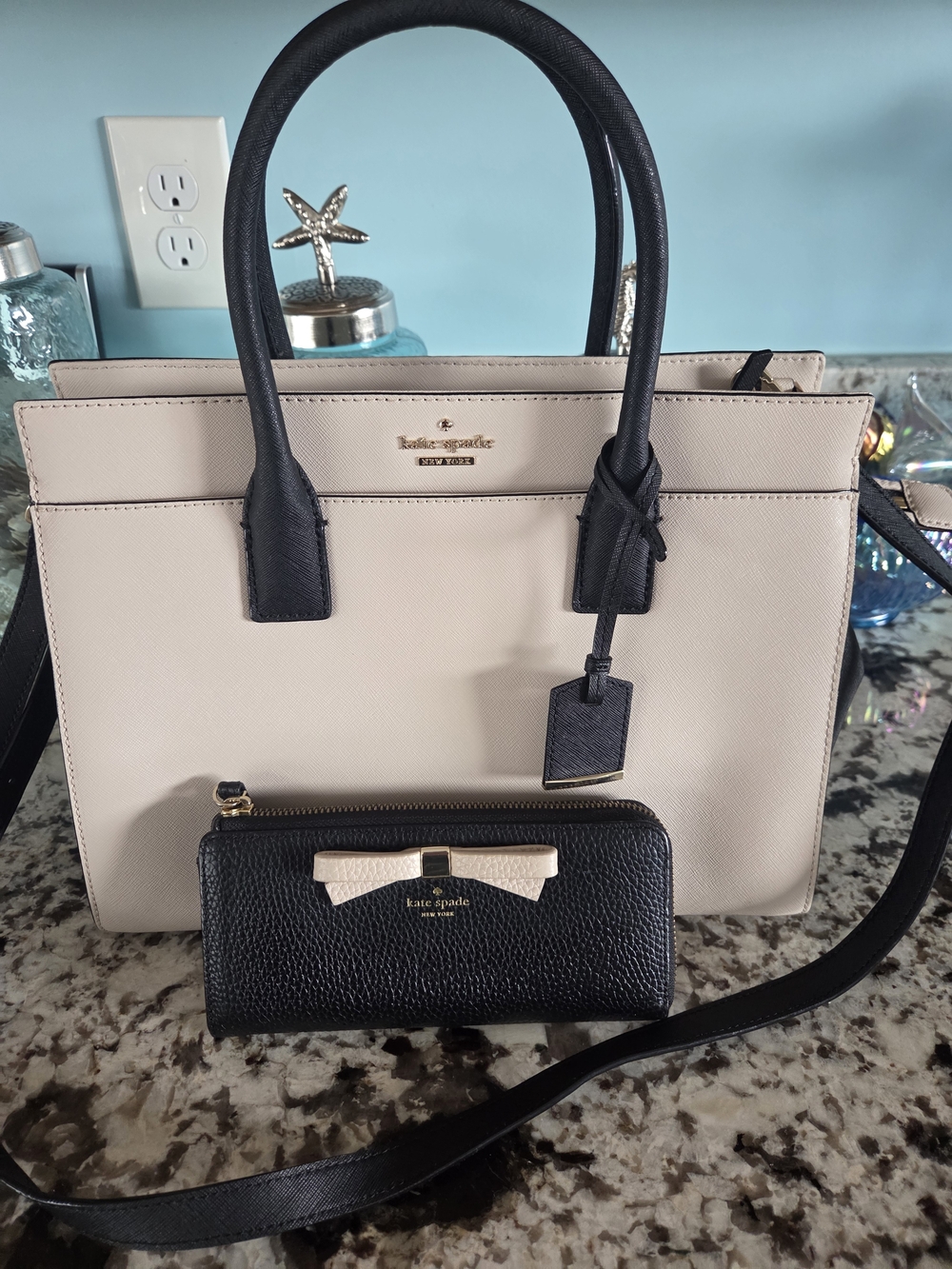 kate spade Two-Tone Beige & Black Leather Crossbody Bag with Matching Wallet